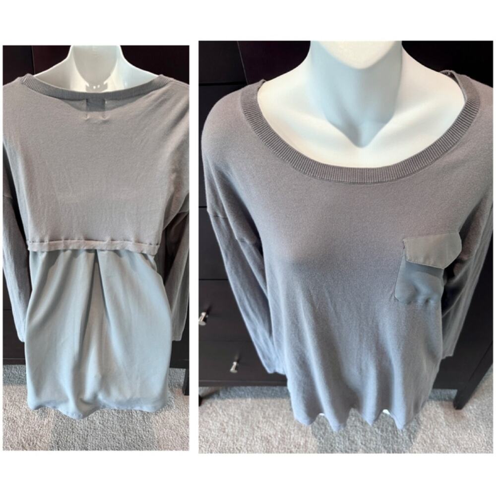 August Moon Gray Long Sleeve Mixed Media Blouse, Size Large, Like New